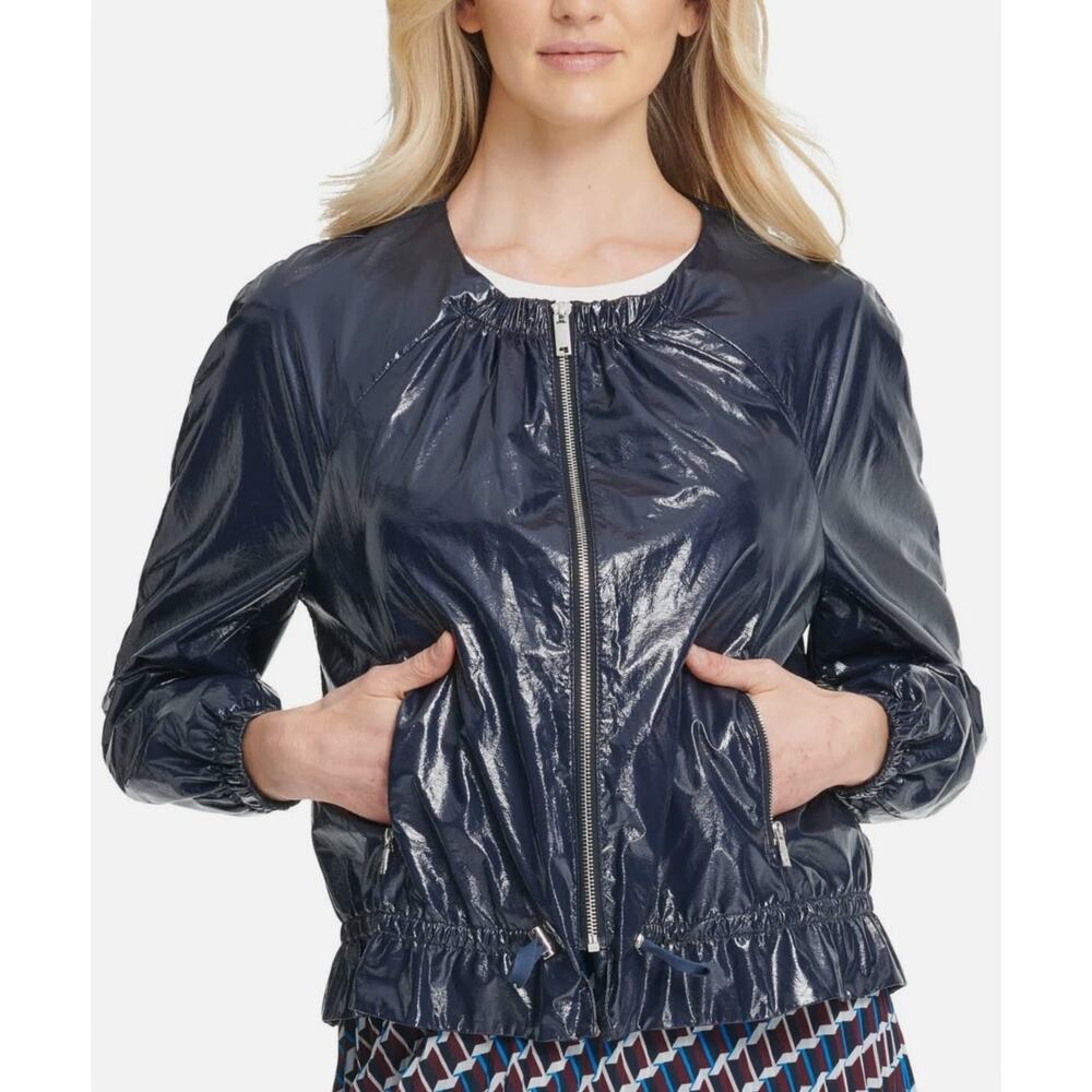 DKNY Bomber Jacket Glossy Collarless Navy Blue Medium